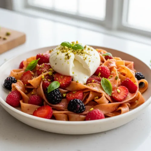 Beautiful plated pappardelle burrata pasta