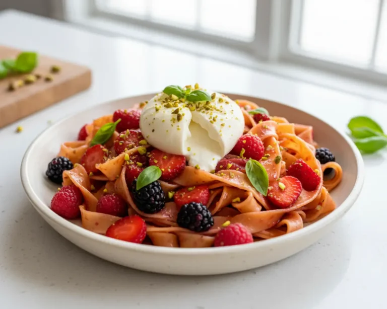 Beautiful plated pappardelle burrata pasta