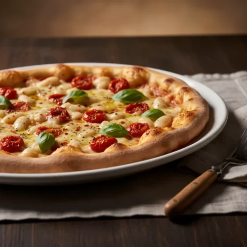 Beautiful plated pizza butter beans