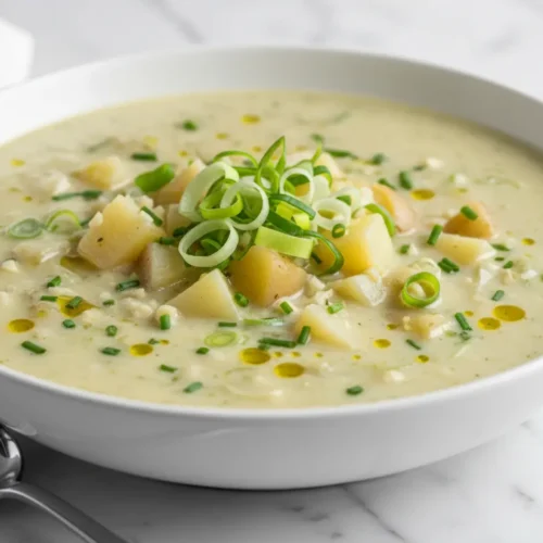 Beautiful plated potato and leek soup recipe