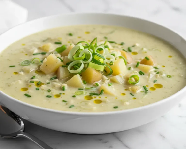 Beautiful plated potato and leek soup recipe