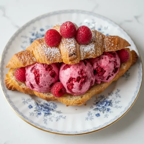 Beautiful plated raspberry croissant ice cream sandwich