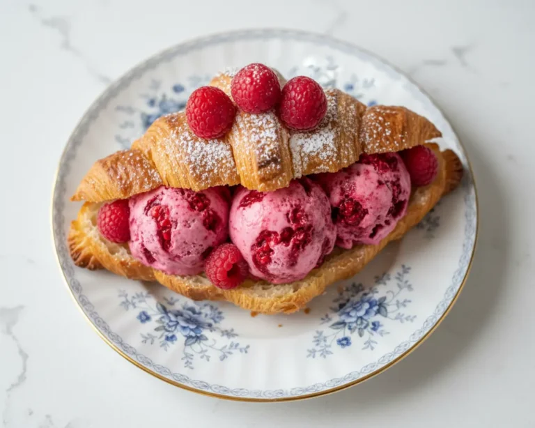 Beautiful plated raspberry croissant ice cream sandwich