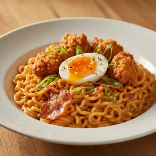 Beautiful plated samyang buldak noodles carbonara