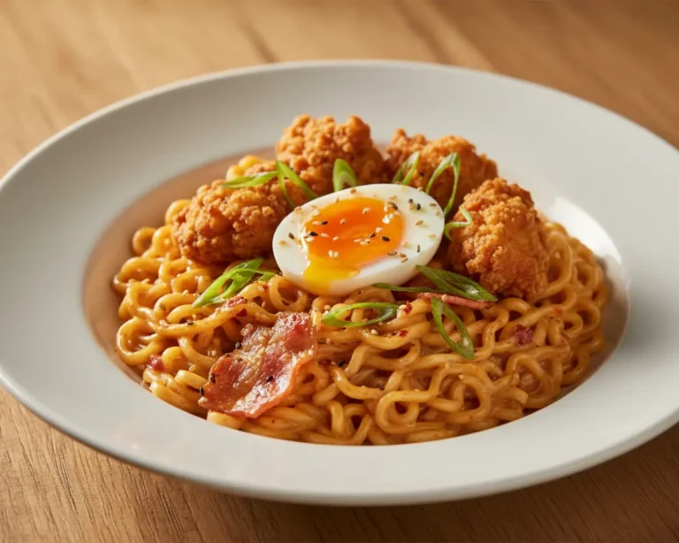 Beautiful plated samyang buldak noodles carbonara