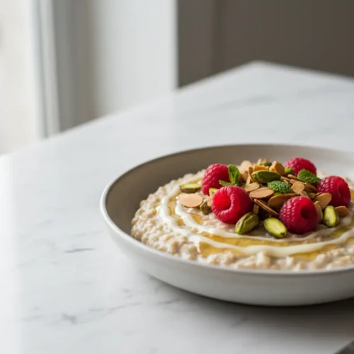 Beautiful plated steel cut oats preparation
