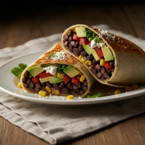 Beautiful plated vegetarian black bean burrito recipe
