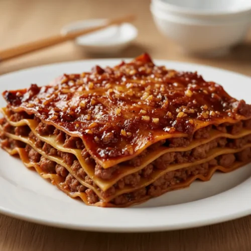 Beautiful plated asian dumpling lasagna