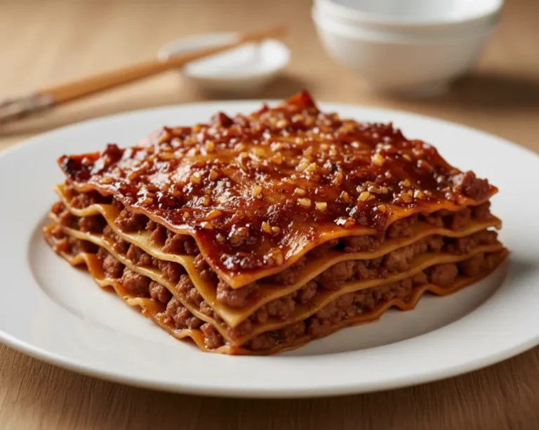 Beautiful plated asian dumpling lasagna