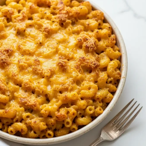 Beautiful plated Baked Thanksgiving Mac and Cheese for Two