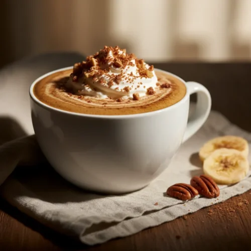 Beautiful plated banana bread latte