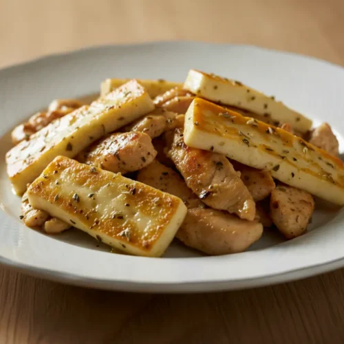 Beautiful plated chicken halloumi gyros