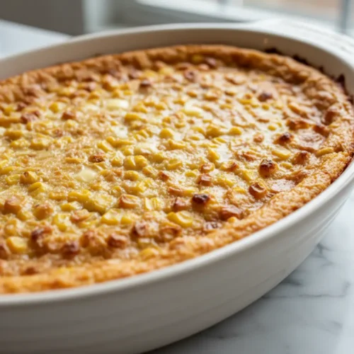 Beautiful plated Corn Casserole for Two Without Jiffy