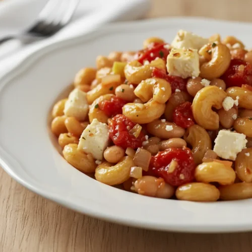 Beautiful plated Feta Bean Pasta