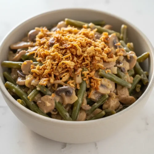 Beautiful plated Green Bean Casserole for Two (No Canned Soup)