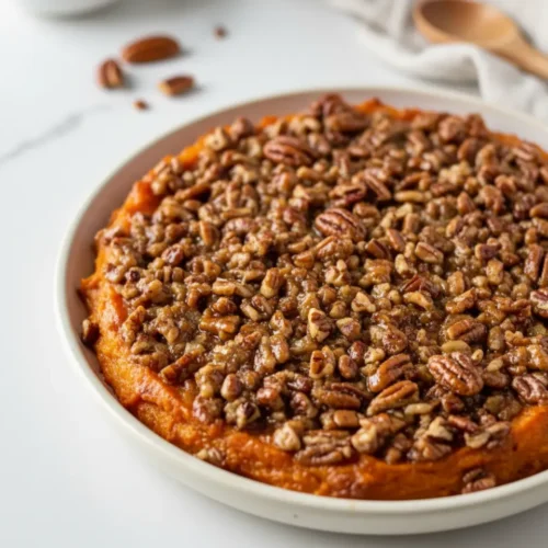 Beautiful plated Healthy Sweet Potato Casserole for Two (Lighter Pecan Topping)
