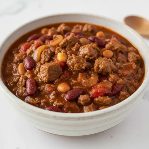 Beautiful plated Kent Rollins Cowboy Chili Recipe