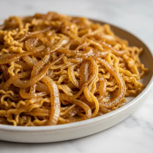 Beautiful plated One-Pot French Onion Pasta