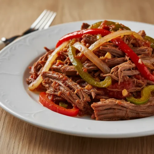 Beautiful plated Pabellón Criollo (Venezuelan Shredded Beef)