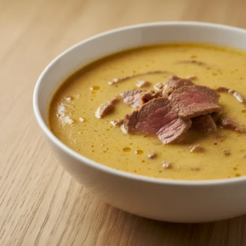 Beautiful plated Red Curry Beef Broth Bowls