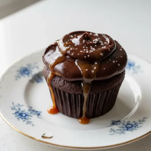 Beautiful plated salted caramel chocolate cupcake