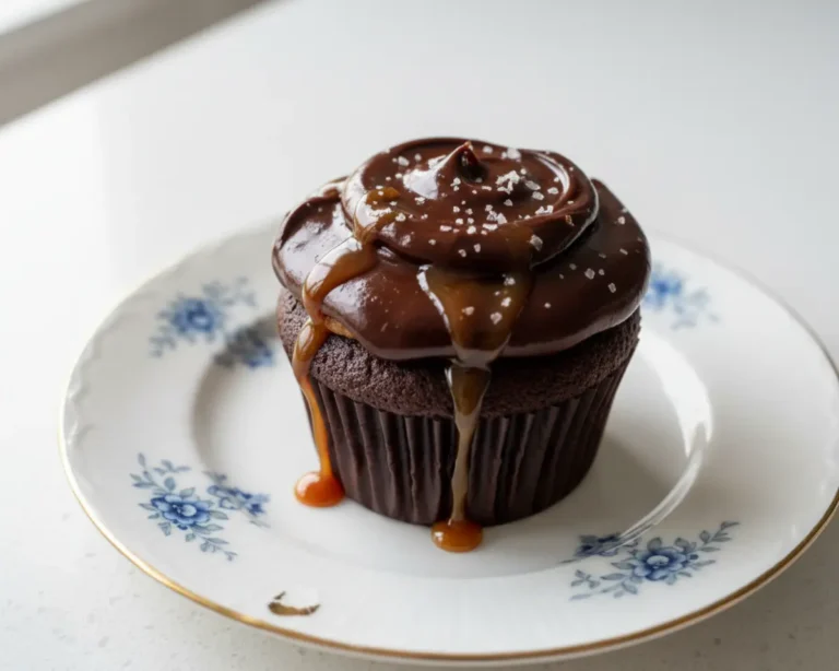 Beautiful plated salted caramel chocolate cupcake