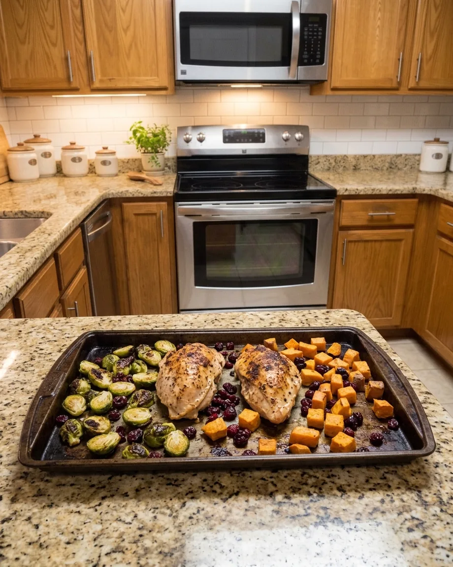 Thanksgiving Dinner for Two 2 sheet pan thanksgiving dinner - close-up of one sheet pan with roasted turkey breast, halved Brussels sprouts, cubed sweet potatoes, and fre