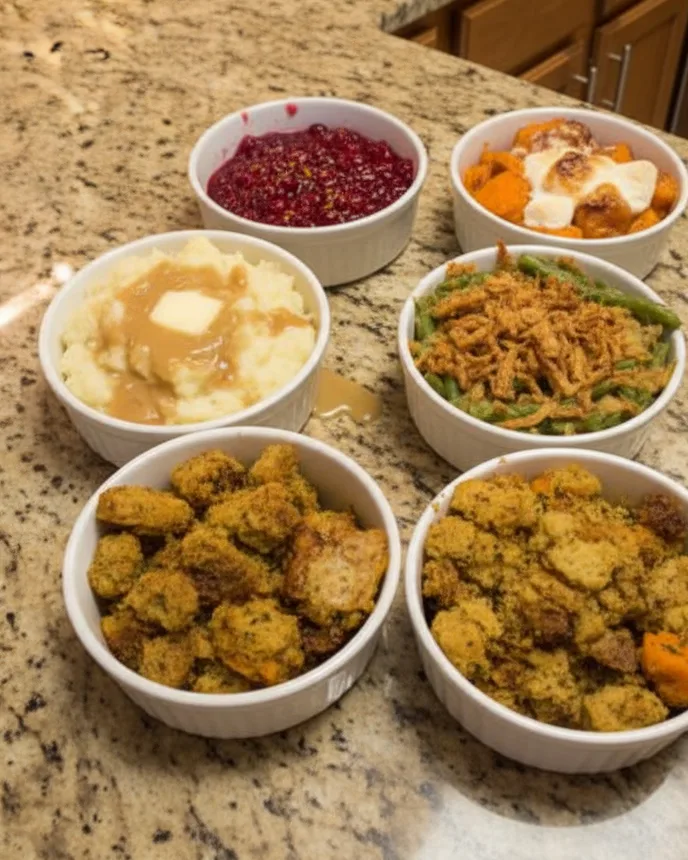 20 Easy Cheap Thanksgiving Sides for Two 2 thanksgiving sides for two - five small white dishes arranged on a cleared wooden table, overhead shot, dishes filled and ready to serve
