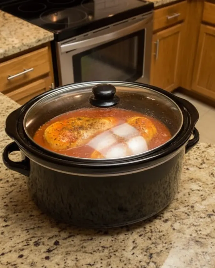 40 Crockpot Recipes for Two 2 two chicken breasts in a small crockpot with sauce - overhead shot of the cooking chicken in the crock, on a wiped countertop
