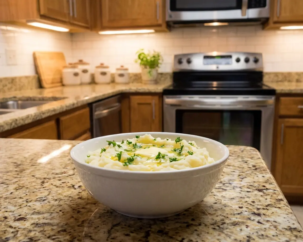 Complete Crockpot Meals for Two 3 creamy mashed potatoes for two - close-up of a white bowl filled with mashed potatoes, sitting alone on a cleared granite countertop
