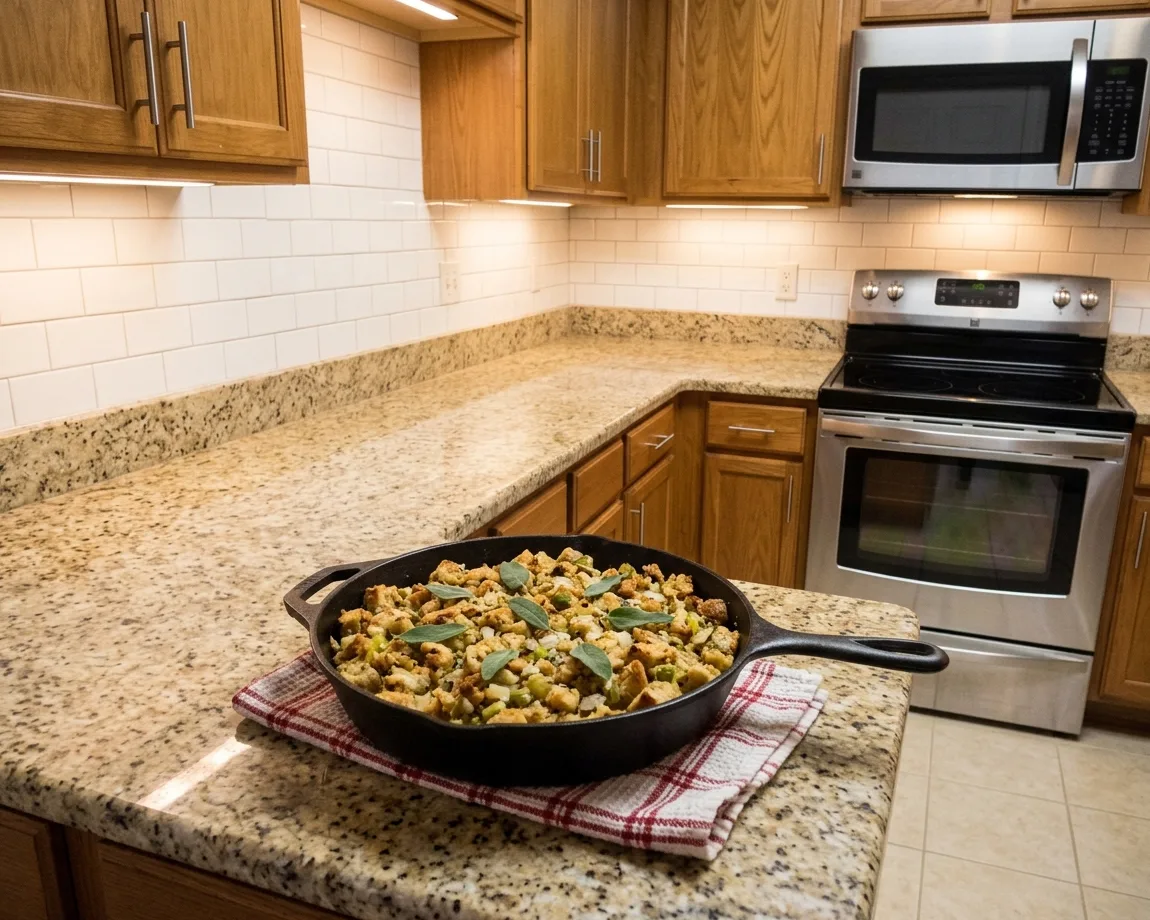 Thanksgiving Dinner for Two 3 skillet stuffing - close-up of one cast iron skillet filled with golden-brown stuffing, fresh sage leaves on top, sitting on a kitchen towel