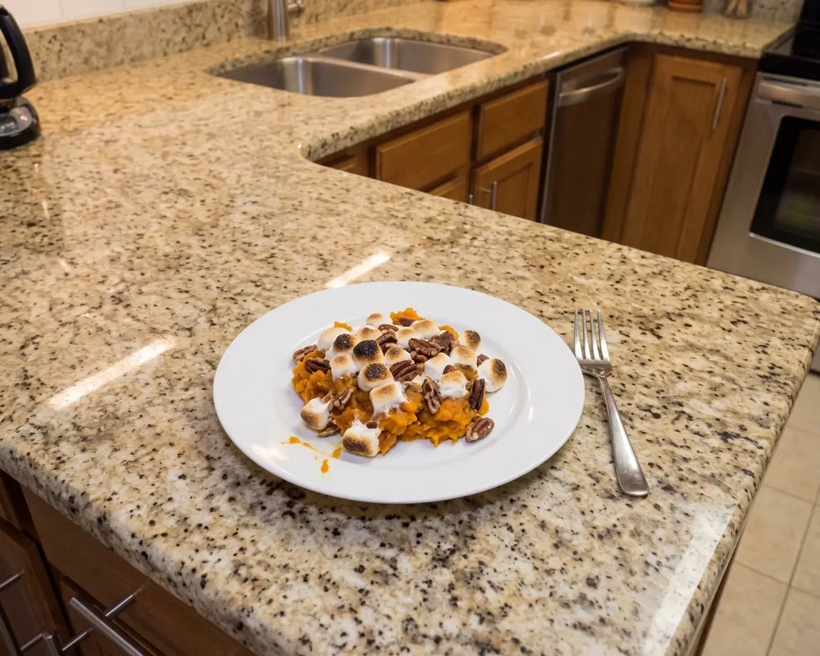 20 Easy Cheap Thanksgiving Sides for Two 3 sweet potato casserole for two with marshmallows - one plated serving on a plain white plate, 45-degree angle, on a cleared wooden counterto
