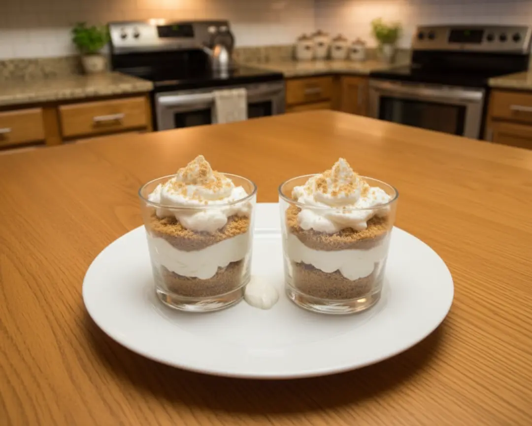 Thanksgiving Dessert Sampler for Two 3 two no-bake dessert cups - two glass dessert cups on a plain white plate, camera 35-40 degrees above the countertop, on the empty wooden tab