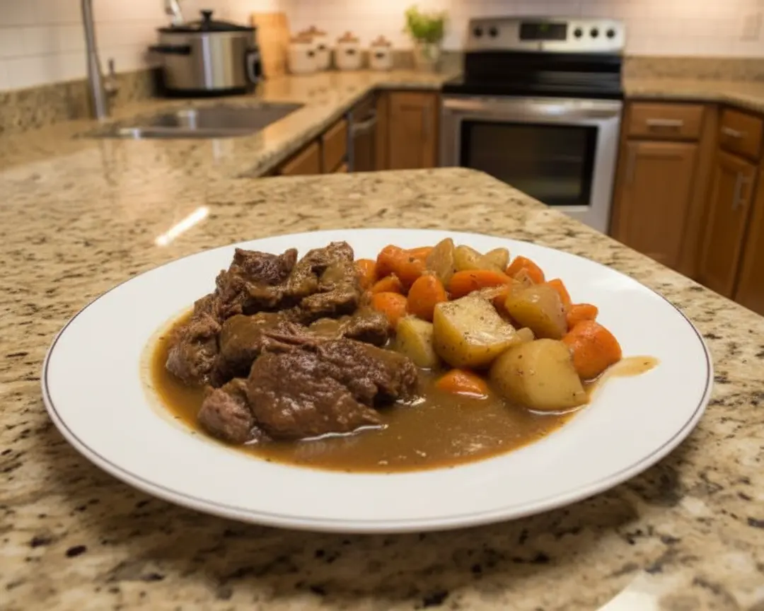 40 Crockpot Recipes for Two 3 crockpot pot roast with carrots and potatoes - one plated serving on a plain white dinner plate, camera 35-40 degrees above the countertop,