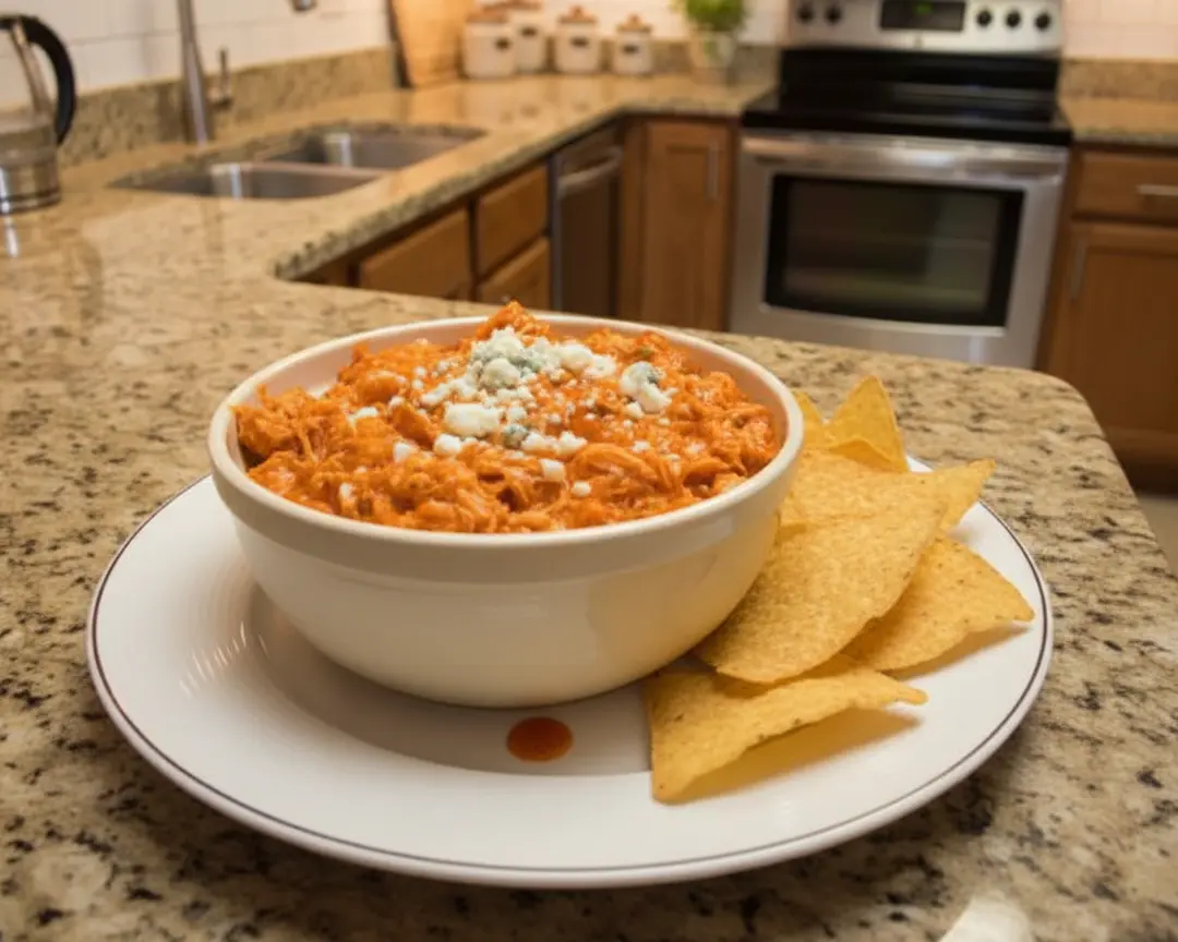 Holiday and Seasonal Crockpot for Two 3 crockpot buffalo chicken dip - one bowl of dip on a plain white dinner plate with tortilla chips arranged beside it, camera 35-40 degrees ab