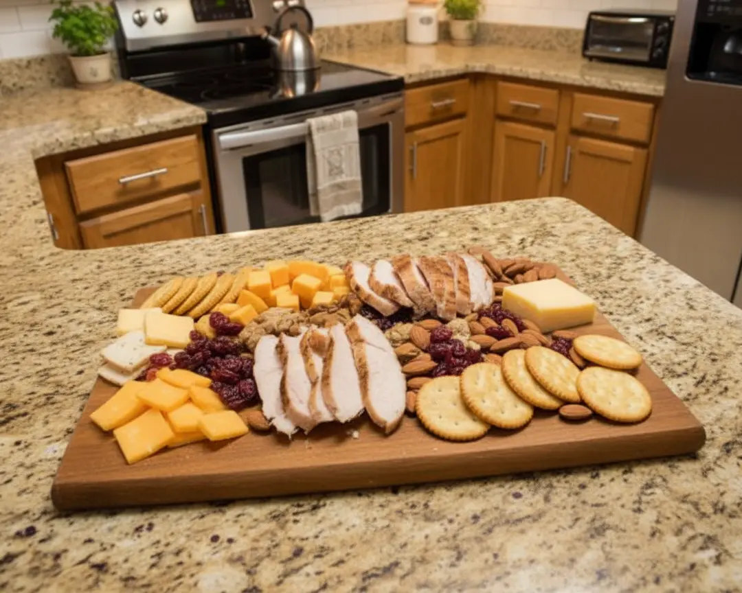 Thanksgiving Menus for Two 3 thanksgiving charcuterie board - small wooden board on a cleared kitchen counter, overhead angle, on a wiped granite surface