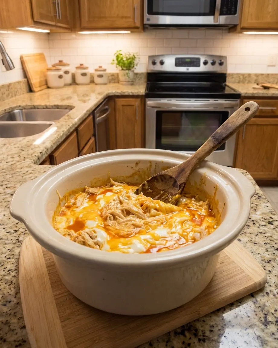 Complete Crockpot Meals for Two 4 buffalo chicken dip - close-up of the open crockpot filled with dip, sitting on a cleared wooden countertop