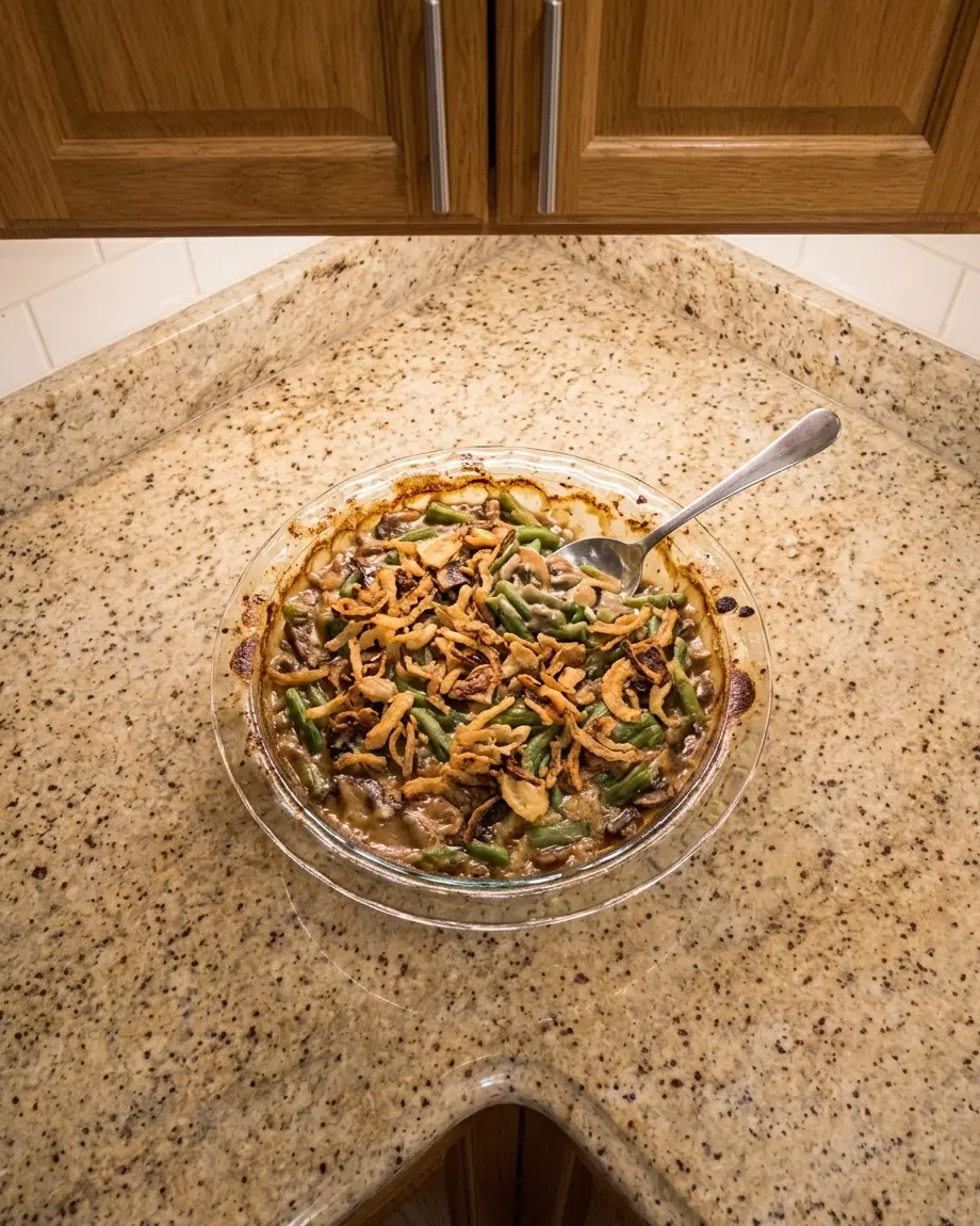 20 Easy Cheap Thanksgiving Sides for Two 4 green bean casserole for two - baked casserole in a small oval baking dish, overhead shot, on a clear kitchen countertop