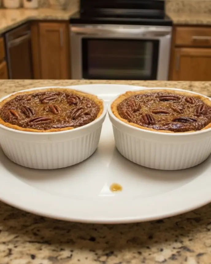 Thanksgiving Dessert Sampler for Two 4 pecan pie in two ramekins - two white ceramic ramekins on a plain white plate, camera 35-40 degrees above the countertop, on the empty grani