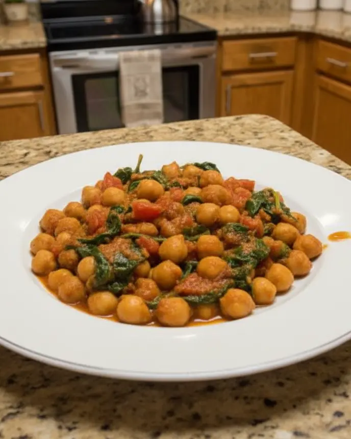 40 Crockpot Recipes for Two 4 plated vegetarian chickpea curry - one plated serving on a plain white dinner plate, camera 35-40 degrees above the countertop, on the empty