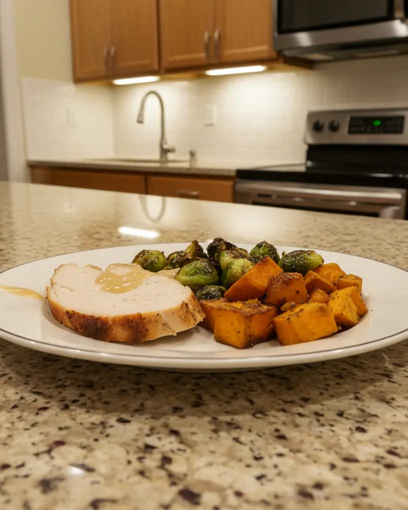 Thanksgiving Menus for Two 4 sheet pan thanksgiving dinner - one sheet pan fresh from the oven on a countertop, camera 35-40 degrees above the countertop, on a wiped kit