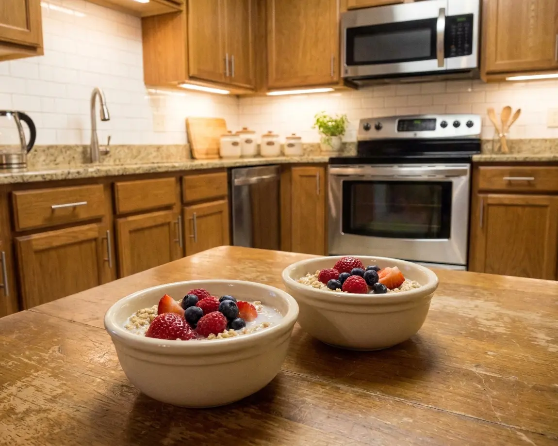 Complete Crockpot Meals for Two 5 steel-cut oats with berries - close-up of two small bowls filled with oats and topped with berries, sitting on a cleared wooden table