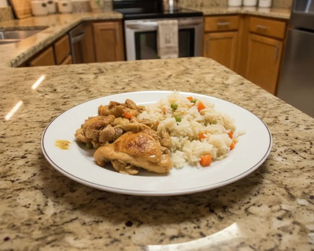 40 Crockpot Recipes for Two 5 plated crockpot chicken and rice - one plated serving on a plain white dinner plate, camera 35-40 degrees above the countertop, on the empty