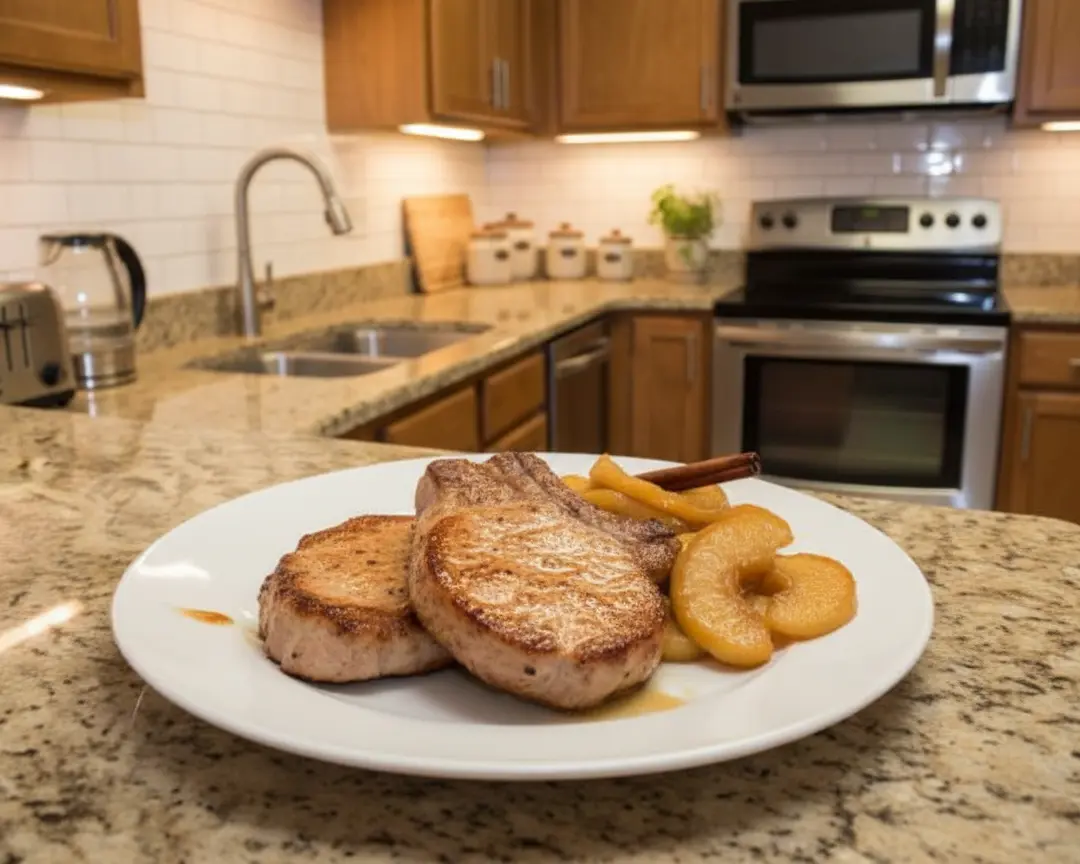 Holiday and Seasonal Crockpot for Two 5 fall crockpot pork chops with apples - one plated serving on a plain white dinner plate with pork chop and apples, camera 35-40 degrees abov