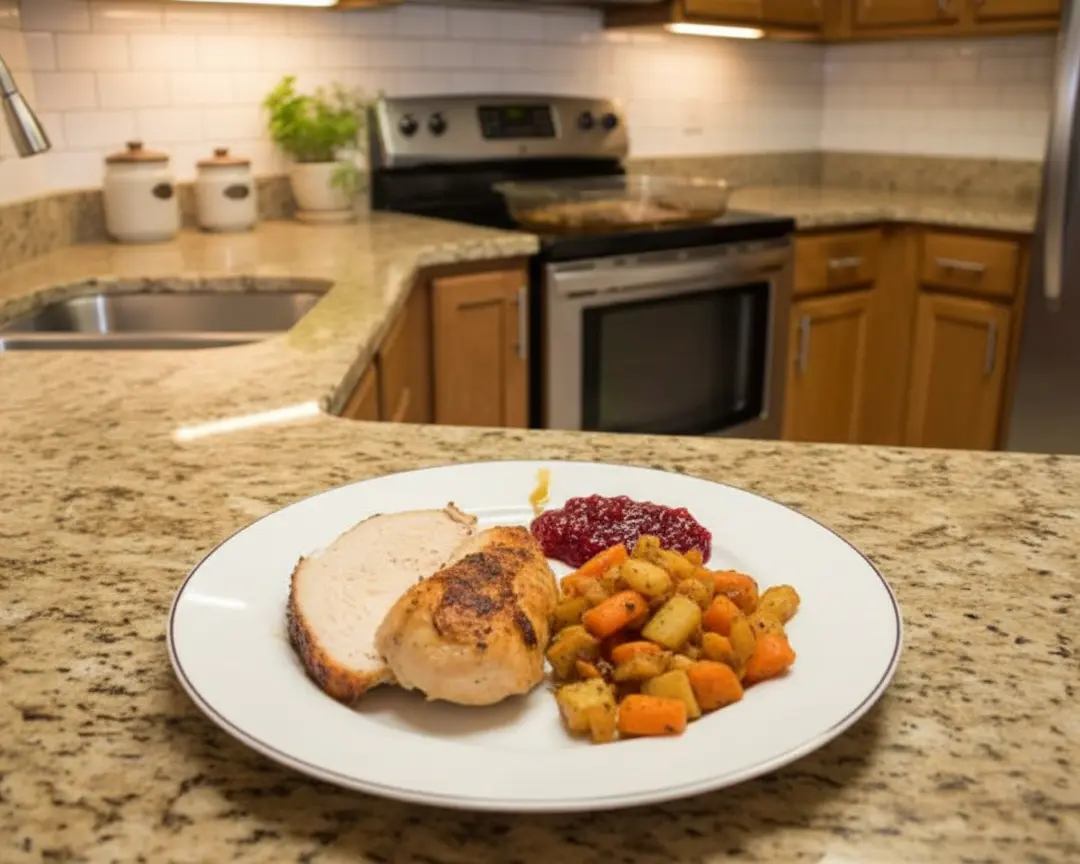 Thanksgiving Menus for Two 5 small apartment kitchen thanksgiving prep - one sheet pan on a small kitchen counter with a single oven in the background, straight-on angle