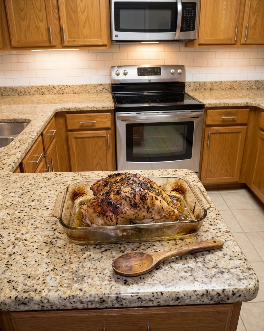 Thanksgiving Dinner for Two 6 herb-roasted turkey breast - the finished herb-roasted turkey breast in its baking dish on the countertop, overhead view, a serving spoon be