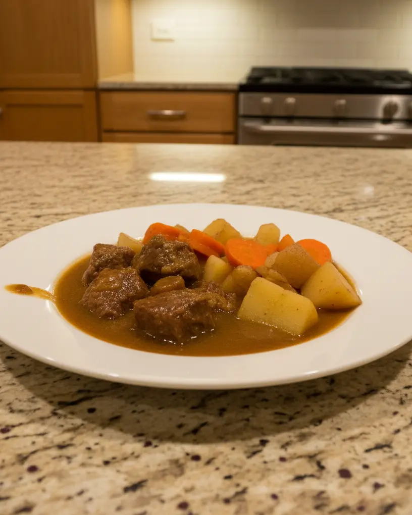 40 Crockpot Recipes for Two 6 plated crockpot beef stew - one plated serving on a plain white dinner plate, camera 35-40 degrees above the countertop, on the empty granit