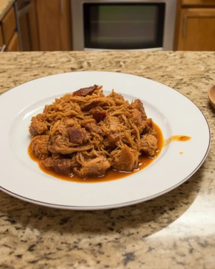 Holiday and Seasonal Crockpot for Two 6 summer crockpot pulled pork - the finished summer crockpot pulled pork in its baking dish on the countertop, overhead view, a serving spoon