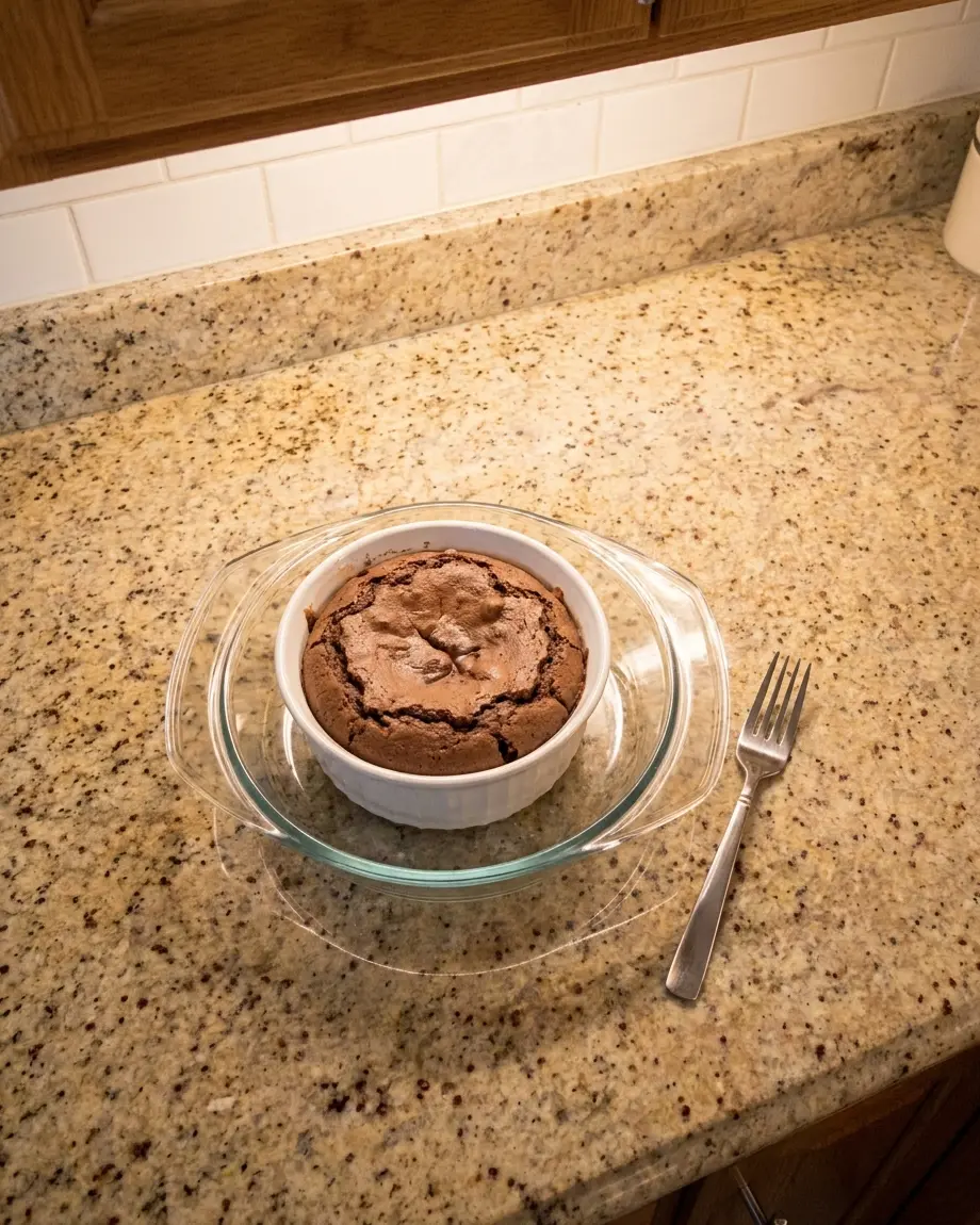 Complete Crockpot Meals for Two 6 chocolate lava cake in ramekin - the finished chocolate lava cake in ramekin in its baking dish on the countertop, overhead view, a serving