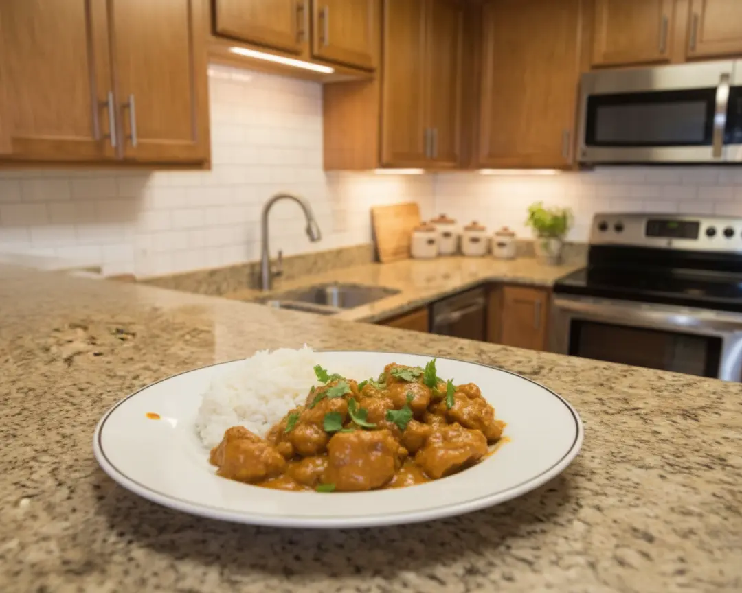 40 Crockpot Recipes for Two 7 plated crockpot chicken curry - one plated serving on a plain white dinner plate, camera 35-40 degrees above the countertop, on the empty gr